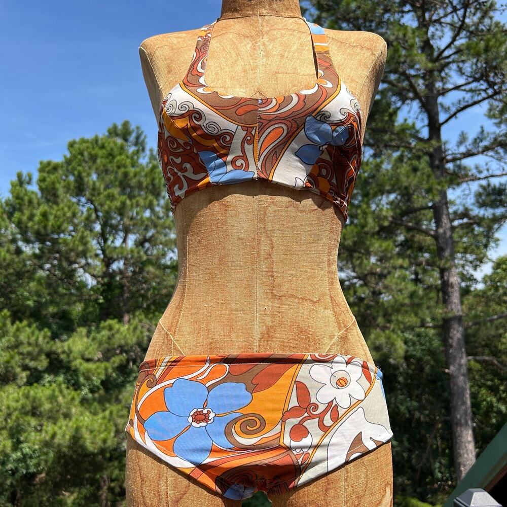 Vintage 60s Psychedelic Op Art Handmade Bikini Swimsuit XXS